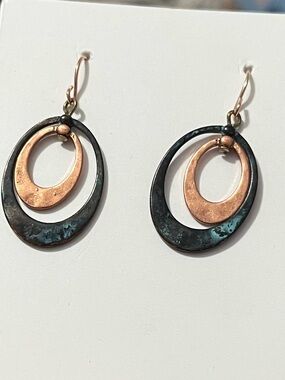 Mixed Metal Oval Drop Earrings - Patina and Rose Gold